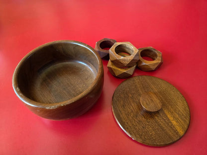 mid century black walnut sm bowl/napkin holders