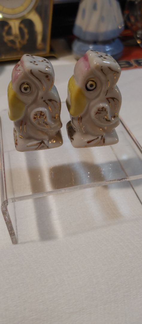 White Yellow & Red with Gold Trim Japan Porcelain Parrot Salt & Pepper Shakers, 1"