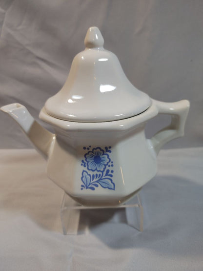 White and Blue Avon 1970 Avon Ceramic Teapot with Blue Flowers, 6.25"