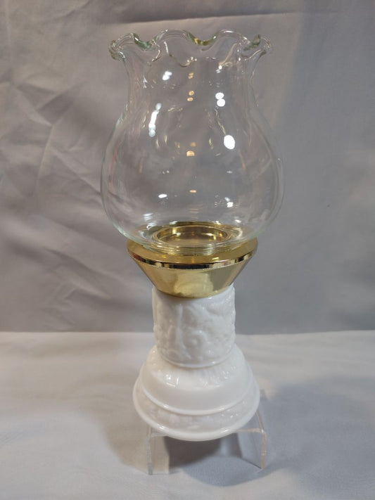 White and Gold Avon 1970s Avon white milk glass hurricane candle (with Perfume) holder lamp, 12"