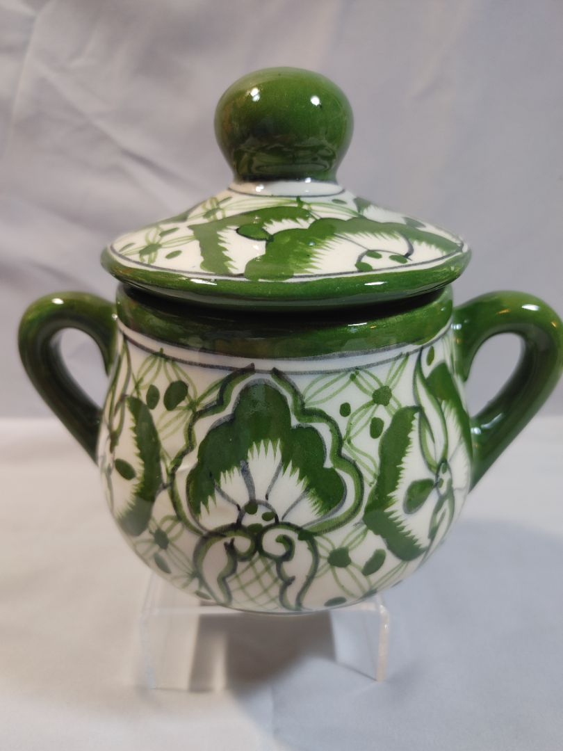Mexican talavera-style ceramic sugar bowl or apothecary jar, 6"