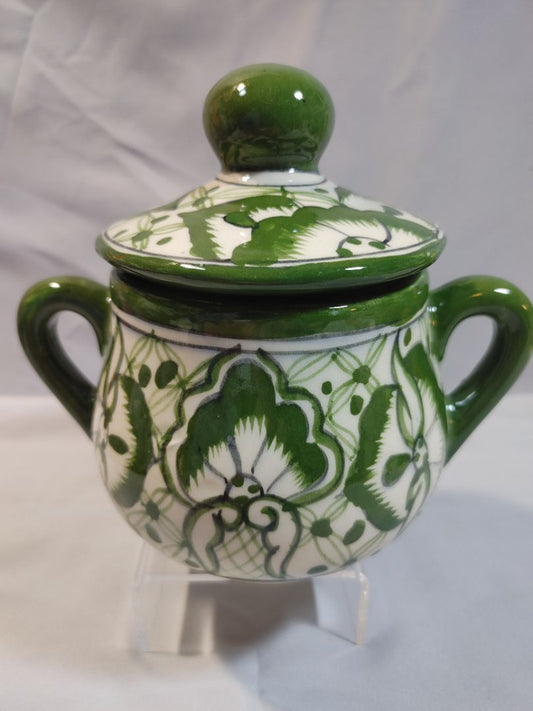 Mexican talavera-style ceramic sugar bowl or apothecary jar, 6"