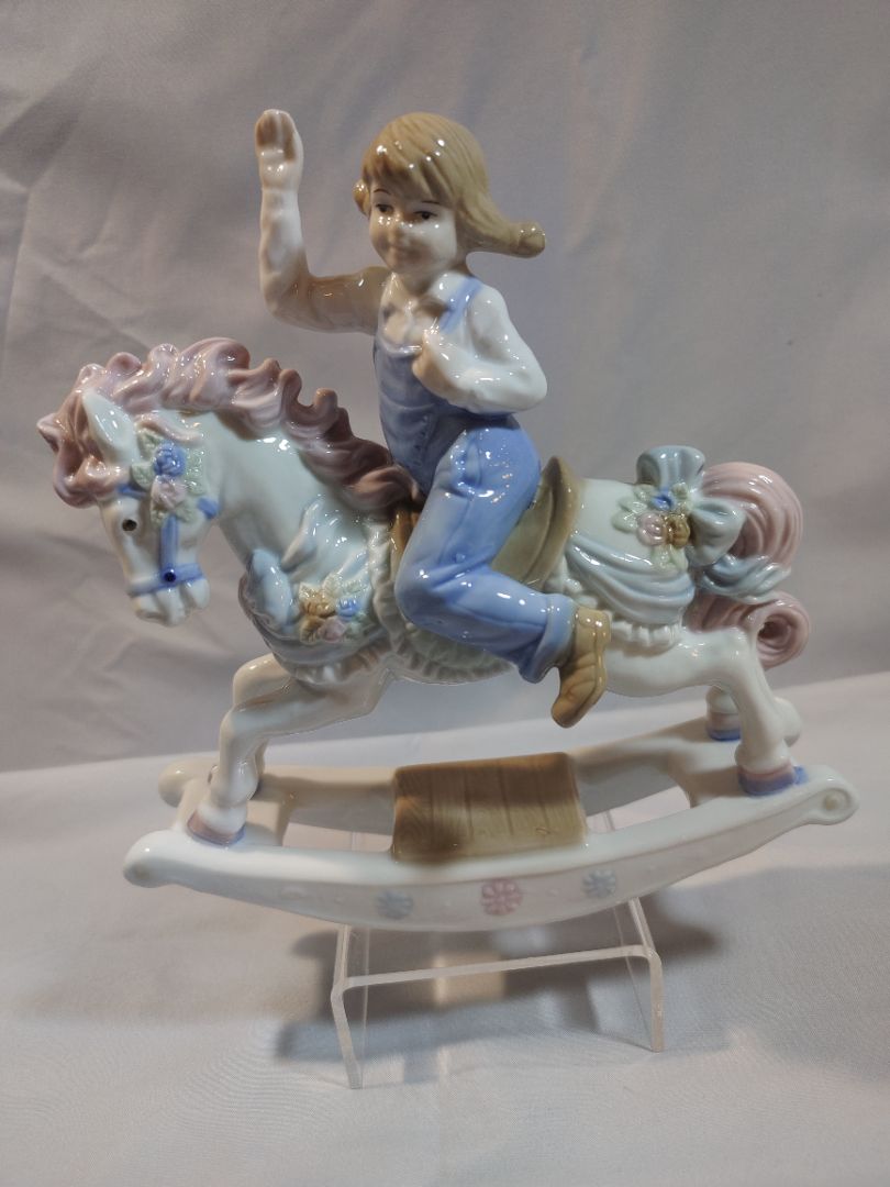 Blue, Pink, White Pastels Paul Sabastian-Mieco Girl on a Rocking Horse Figurine, 7"