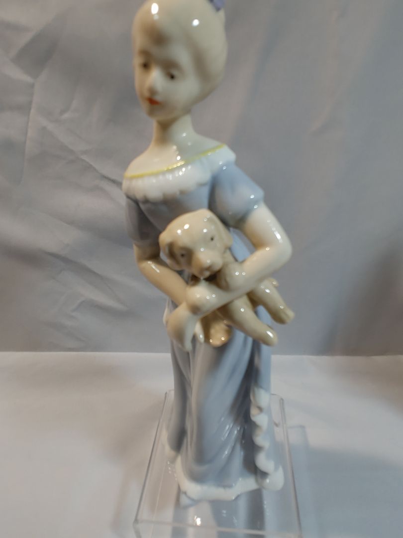 Blue, Pink, White Pastels Tengra Vintage Tengra "Woman with Puppy" Porcelain Figurine, 7"