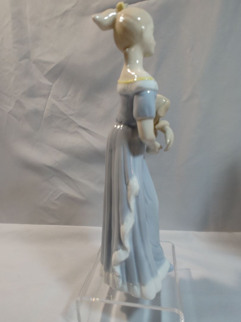 Blue, Pink, White Pastels Tengra Vintage Tengra "Woman with Puppy" Porcelain Figurine, 7"