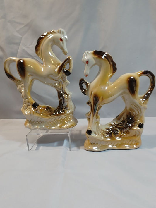 Brown and Cream Lustreware Vintage Lustreware prancing Porcelain Horse figurines, 6"