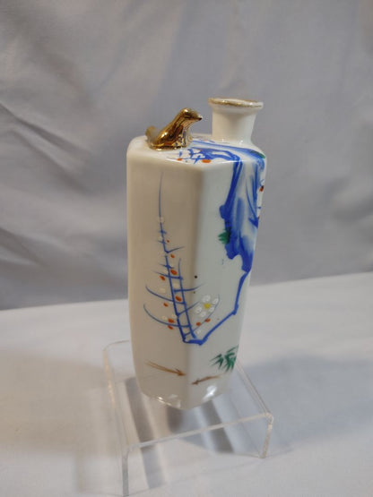 White, blue with gold bird Occupied Japan Vintage Japanese Kutani porcelain sake decanter, 5.5"