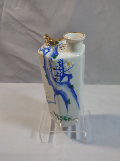 White, blue with gold bird Occupied Japan Vintage Japanese Kutani porcelain sake decanter, 5.5"