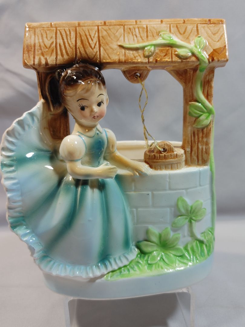Blue, White and Brown Ruben Japan 468 1940 Ruben Original Planter - Girl at Wishing Well, 6" X 5"