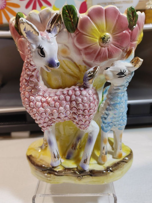 Vintage 1950s Kitsch Lusterware Mother & Baby Llama Ceramic Planter Japan, 6" X 4.5"