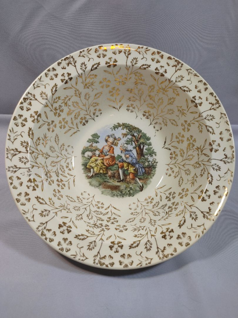 Vintage Taylor Smith Taylor 22K Gold Serving Bowl Fragonard Courting Scene, 8"