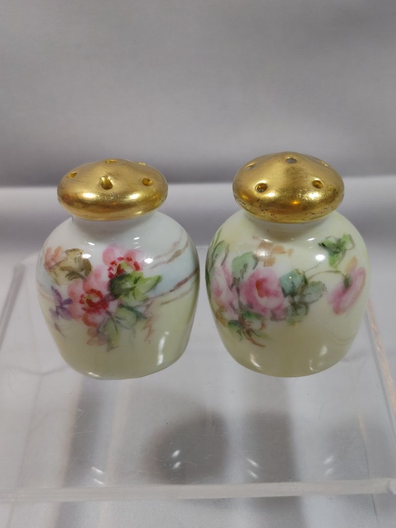 Antique O & EG Royal Austria Porcelain Salt & Pepper Shakers Hand Painted Floral Gold, 1.5"
