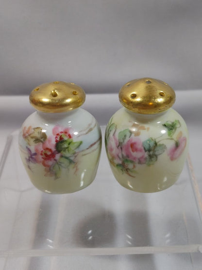 Antique O & EG Royal Austria Porcelain Salt & Pepper Shakers Hand Painted Floral Gold, 1.5"