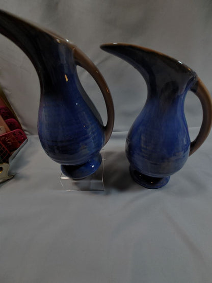 Vintage Stangl Pottery Terra Rose Blue Drip Glaze Ewers, Pair #3539, 1940/50’s, 9"