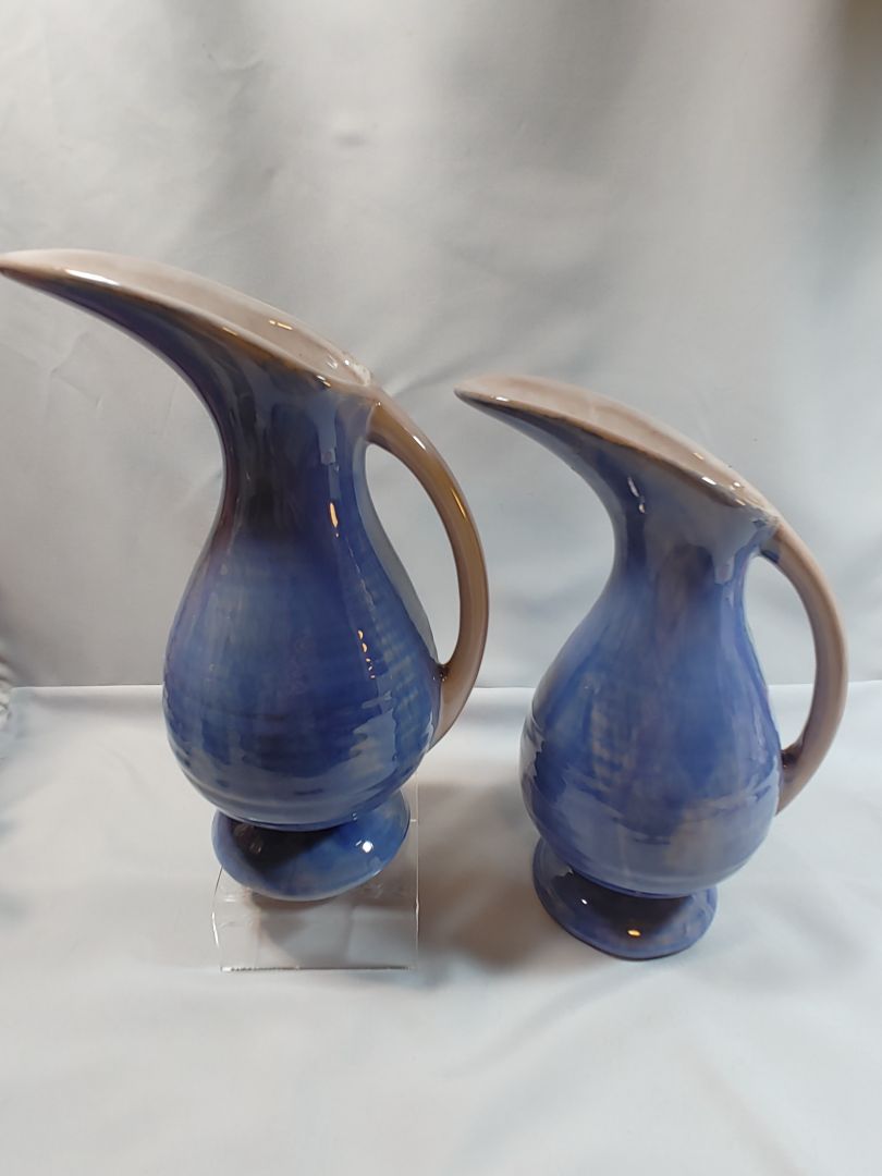 Vintage Stangl Pottery Terra Rose Blue Drip Glaze Ewers, Pair #3539, 1940/50’s, 9"
