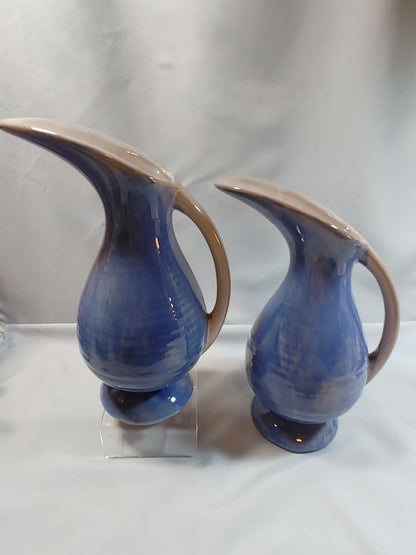 Vintage Stangl Pottery Terra Rose Blue Drip Glaze Ewers, Pair #3539, 1940/50’s, 9"