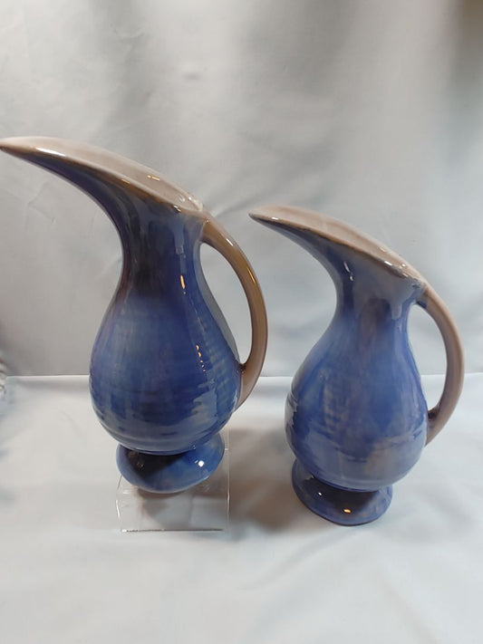 Vintage Stangl Pottery Terra Rose Blue Drip Glaze Ewers, Pair #3539, 1940/50’s, 9"
