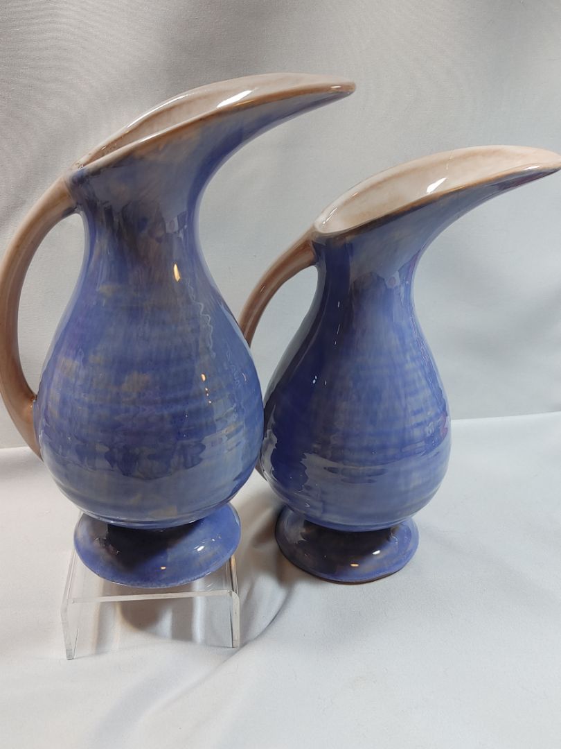 Vintage Stangl Pottery Terra Rose Blue Drip Glaze Ewers, Pair #3539, 1940/50’s, 9"