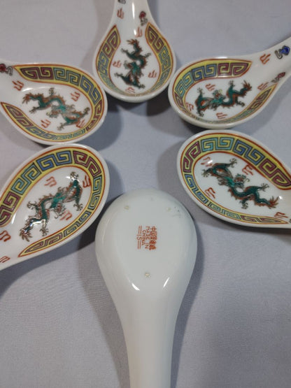 Jingdezhen, China 1960 Porcelain Red & Blue Chinese Dragon Motif soup spoons