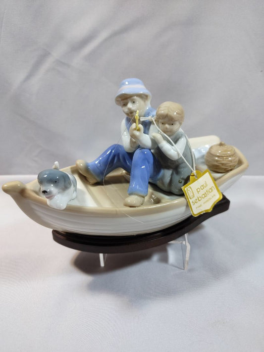 Pastels Paul Sabastian-Mieco Father/Grandfather, child & dog fishing boat figurine, 5"