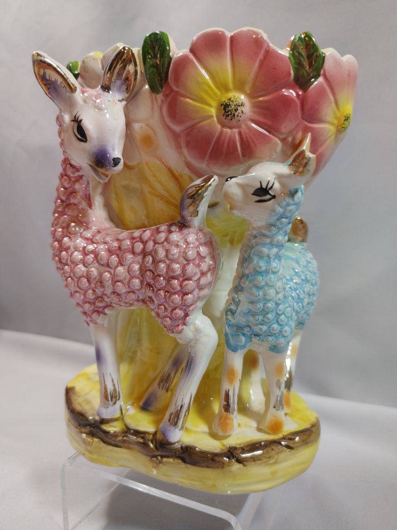 Vintage 1950s Kitsch Lusterware Mother & Baby Llama Ceramic Planter Japan, 6" X 4.5"