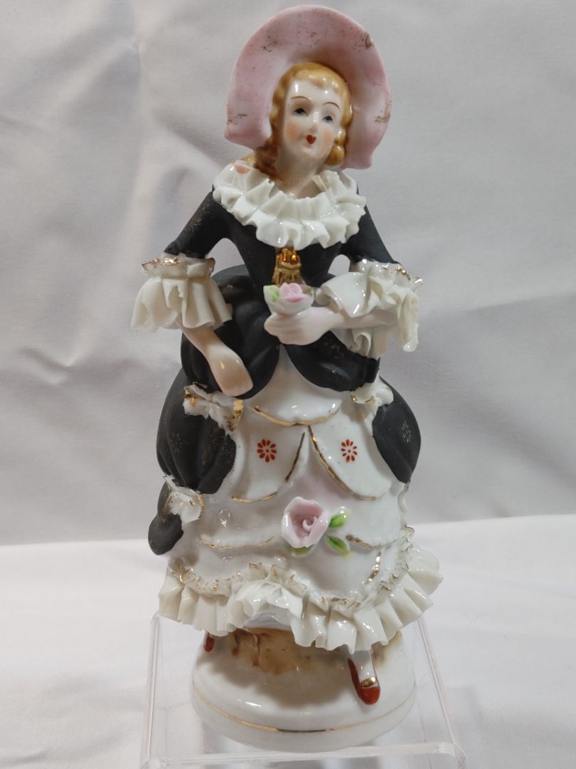 Vintage Dresden-Style Porcelain Lace Figurine of Victorian Lady, 5.5"