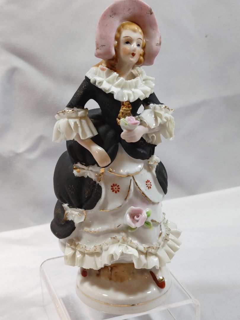 Vintage Dresden-Style Porcelain Lace Figurine of Victorian Lady, 5.5"
