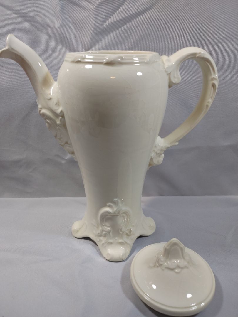Vintage Holland Mold White Ceramic Coffee Pot & Lid Ornate Footed Teapot, 12"