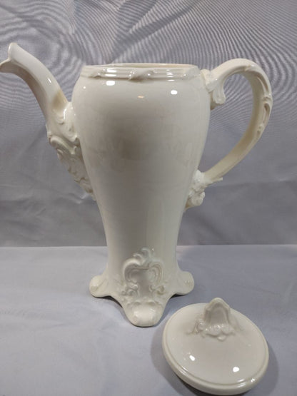 Vintage Holland Mold White Ceramic Coffee Pot & Lid Ornate Footed Teapot, 12"