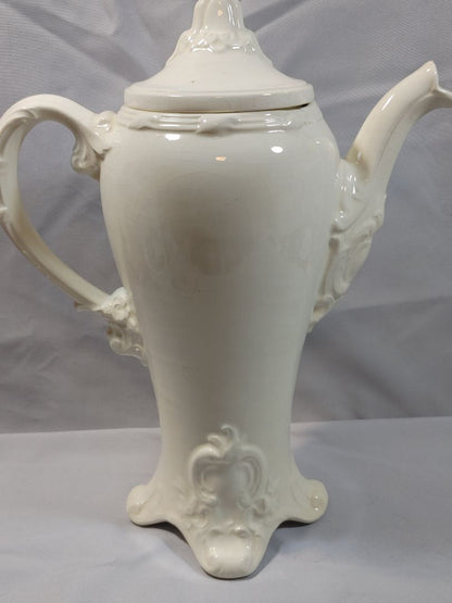 Vintage Holland Mold White Ceramic Coffee Pot & Lid Ornate Footed Teapot, 12"