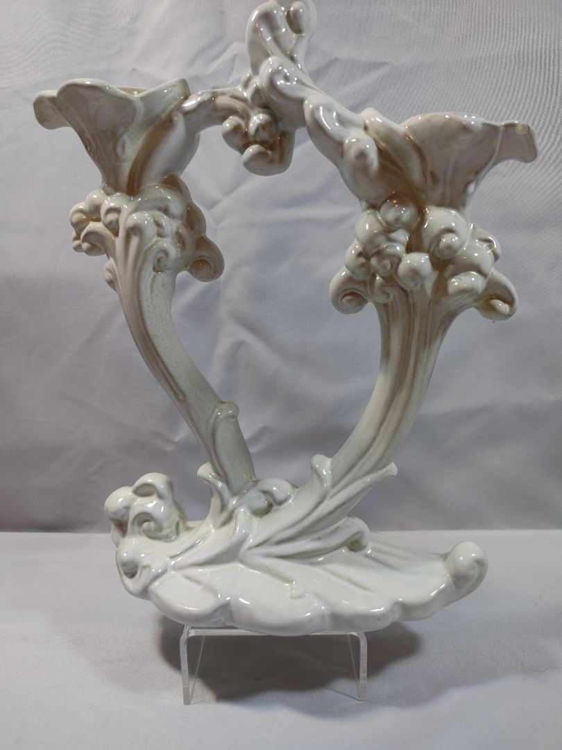 Pale blue-green Royal Haeger Pale blue-green wave pattern double candelabra, 10.5 X 9"