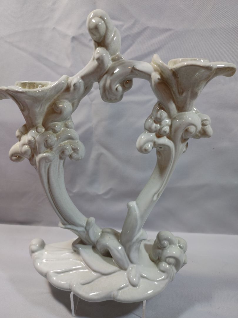 Pale blue-green Royal Haeger Pale blue-green wave pattern double candelabra, 10.5 X 9"