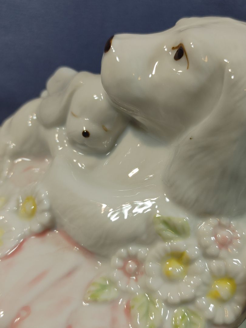 Dog with sleeping puppy Ceramic Musicbox, 5"