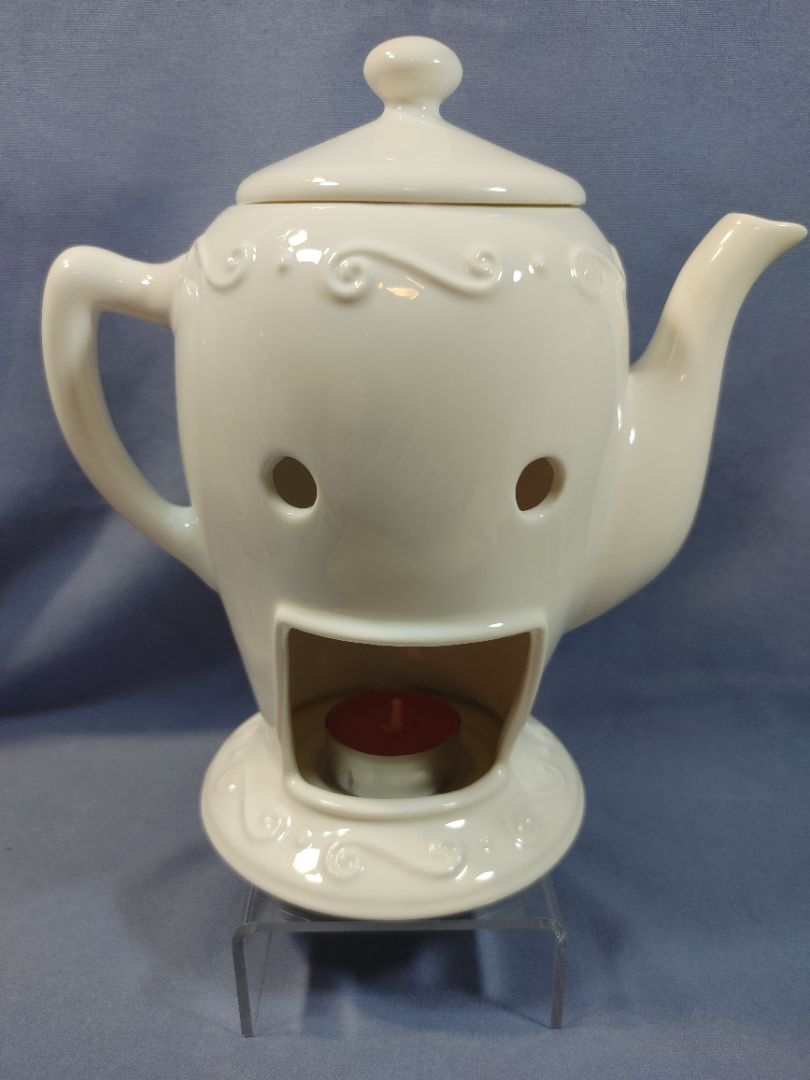 PartyLite Sidewalk Cafe Aroma Melts Warmer White Scroll Tea Pot, 8"