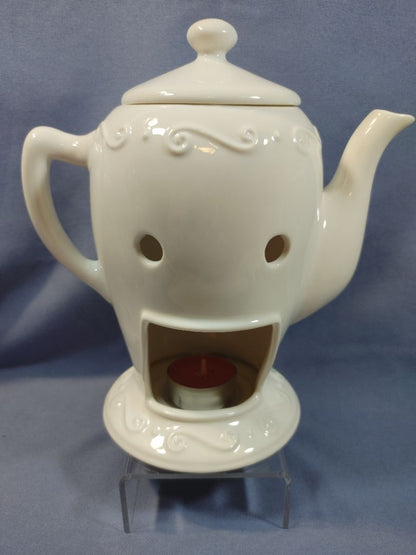 PartyLite Sidewalk Cafe Aroma Melts Warmer White Scroll Tea Pot, 8"