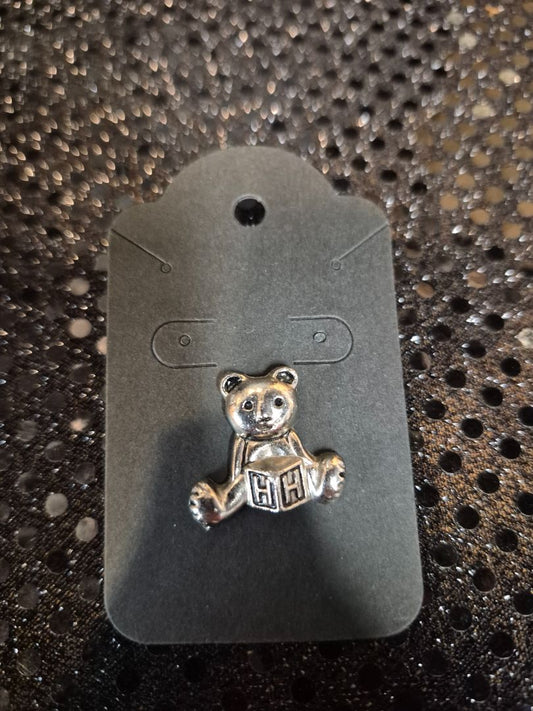 Silvertone  Teddy Bear w/Toy Block H Tack Pin, 1" × .75"