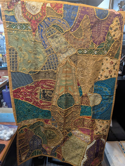 Brown, Blue, Red w/Metallic Accents Handmade Vintage Handcrafted Indian Patchwork Wall Tapestry, 40" × 58"