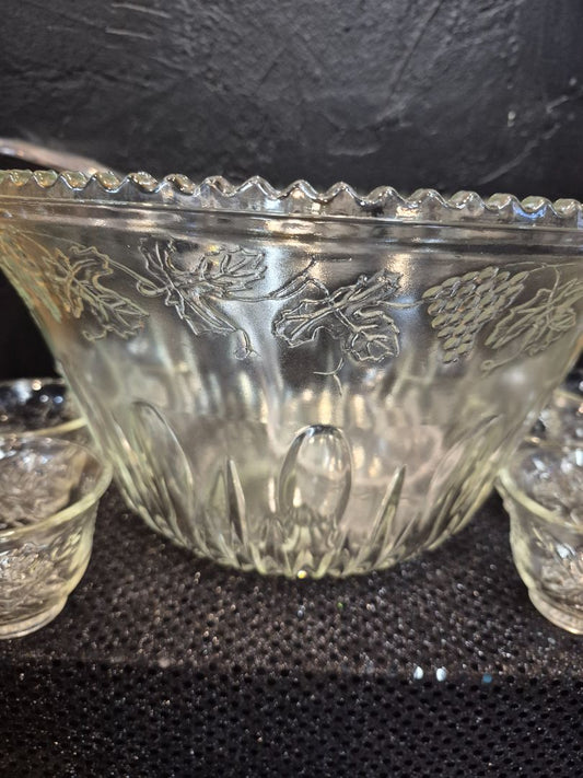 Clear  Indiana Glass Punch Bowl Set, 8 Cups, w/Ladle, 10 Pieces, 12" × 7"