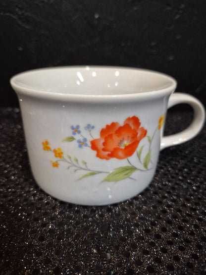 White, Orange Poppy Bake N' Serve Hearthside Soup Mug, As Is, chipped handle, 2.75", 14 oz.