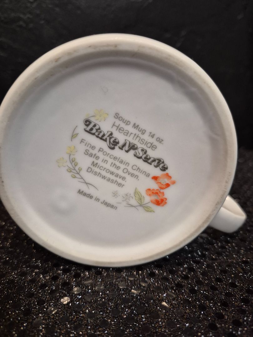 White, Orange Poppy Bake N' Serve Hearthside Soup Mug, As Is, chipped handle, 2.75", 14 oz.