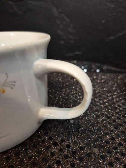 White, Orange Poppy Bake N' Serve Hearthside Soup Mug, As Is, chipped handle, 2.75", 14 oz.