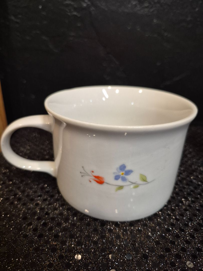 White, Orange Poppy Bake N' Serve Hearthside Soup Mug, As Is, chipped handle, 2.75", 14 oz.
