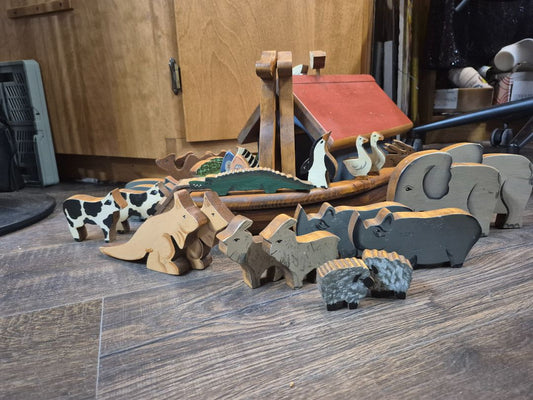 Handmade Wooden Noah's Ark w/Many Pairs of Animals, 22" × 10" × 11"