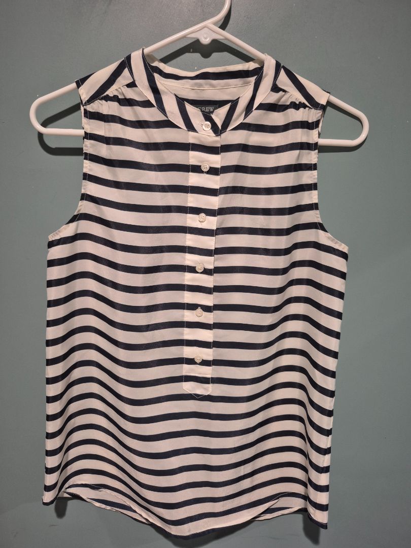 Navy & White Striped J. Crew No Sleeve Button Shirt, 0