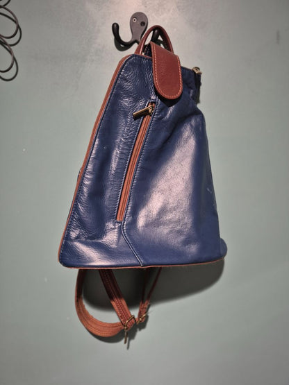 Dark Blue, Brown Trim Vera Pelle Mini Italian Leather Backpack, 10.5" × 13"