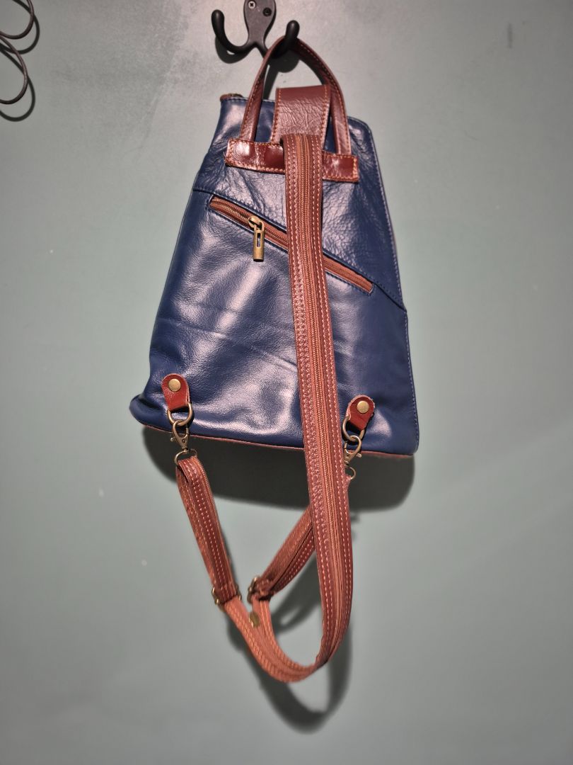 Dark Blue, Brown Trim Vera Pelle Mini Italian Leather Backpack, 10.5" × 13"