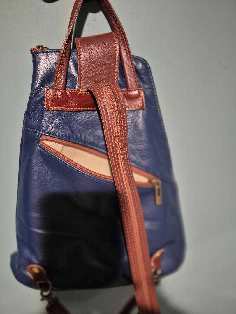 Dark Blue, Brown Trim Vera Pelle Mini Italian Leather Backpack, 10.5" × 13"