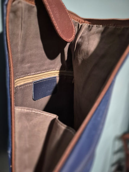 Dark Blue, Brown Trim Vera Pelle Mini Italian Leather Backpack, 10.5" × 13"
