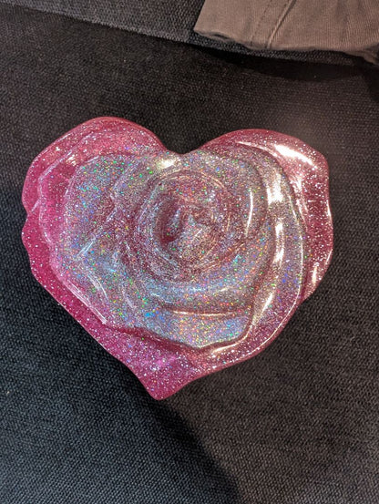 Pink Hand made Heart Shaped Trinket Box w/ Silver Glitter Rose, Resin
