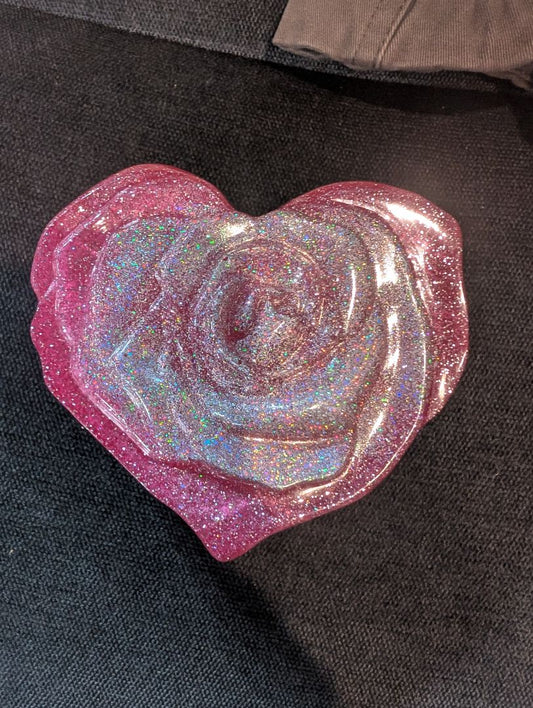 Pink Hand made Heart Shaped Trinket Box w/ Silver Glitter Rose, Resin